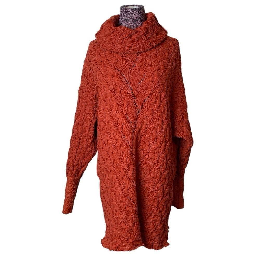 Free People Sz S Cable Knit Orange Turtleneck Sweater Dress